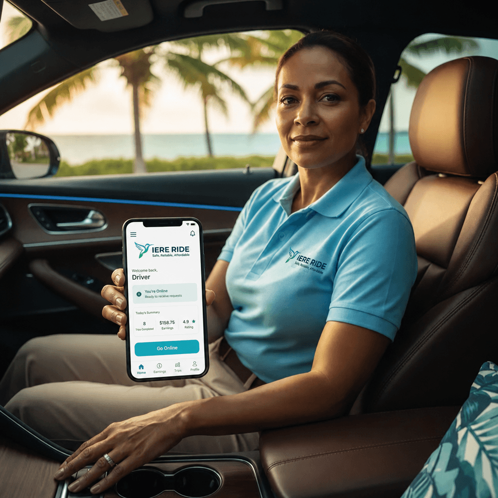 A woman in a car holds a smartphone displaying the IERE RIDE driver app.
